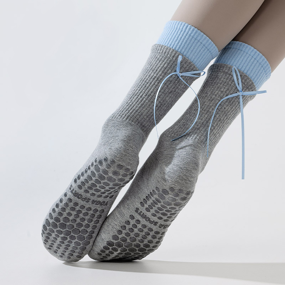 Pilates Yoga Hose - Trendige doppellagige Yoga-Socken mit Schleifenbändern, rutschfeste,