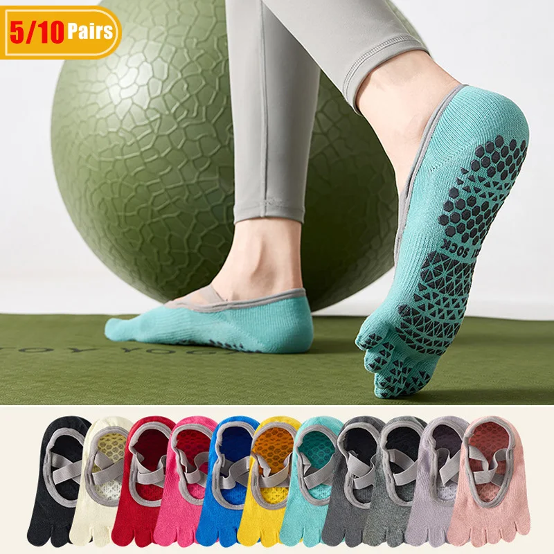 Pilates Yoga &A - 5/10 Paar Damen-Yoga-Zehensocken aus Baumwolle, schweißabsorbierend,