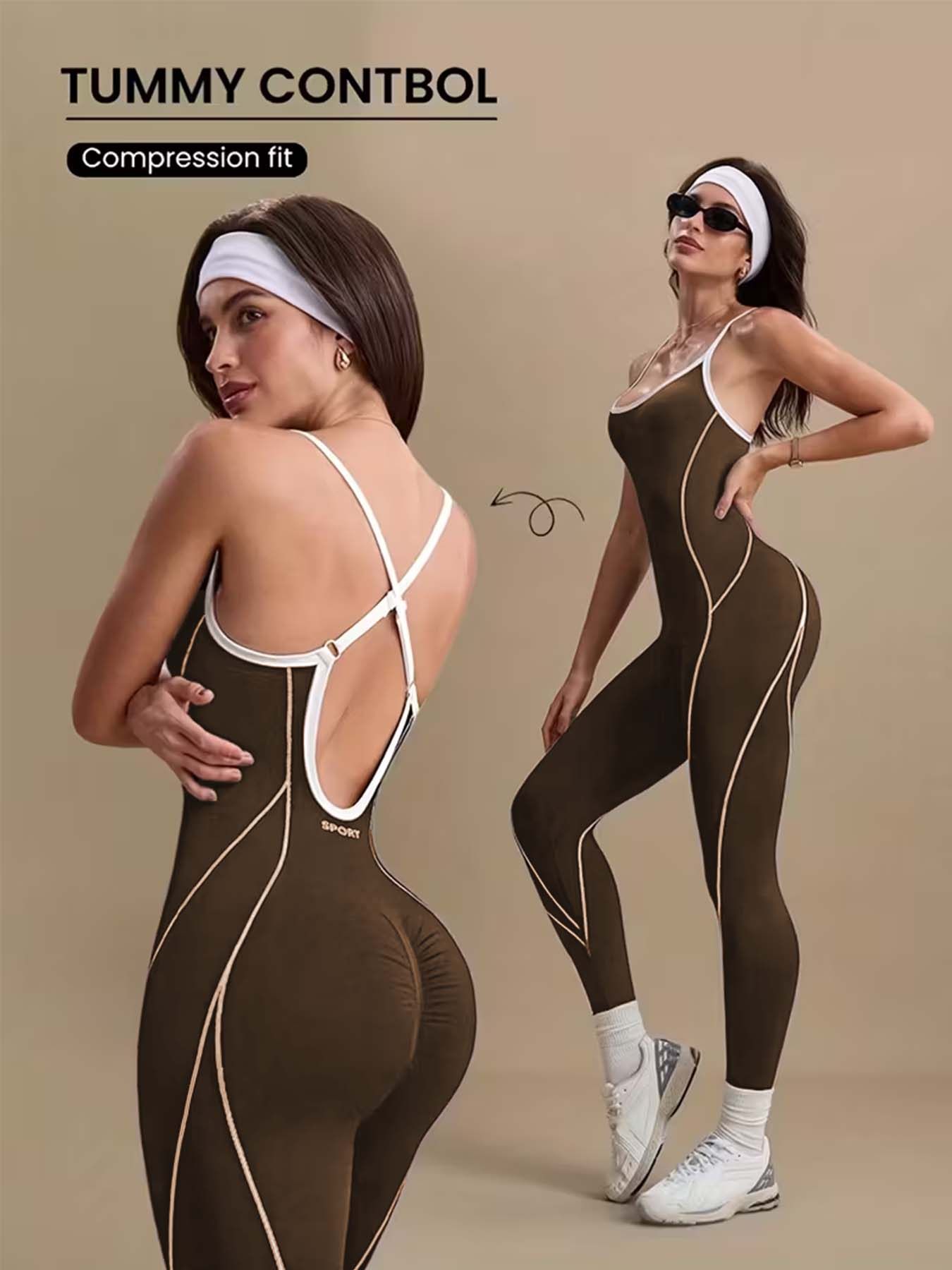 Pilates Ankle Strap - Damen Brauner Bauchkontroll-Yoga-Jumpsuit Kompressionspassform Offener Rücken