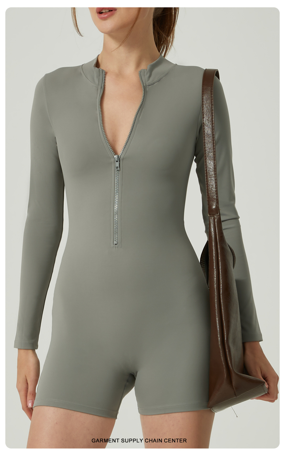 Pilates Yoga One - Langarm-Reißverschluss-Kurzoverall für Damen, Atmungsaktiver Radsport- und
