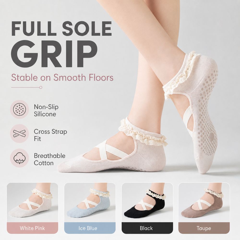 Pilates Ankle Strap - Neue rutschfeste Yoga-Socken mit Spitzenbesatz, atmungsaktive,